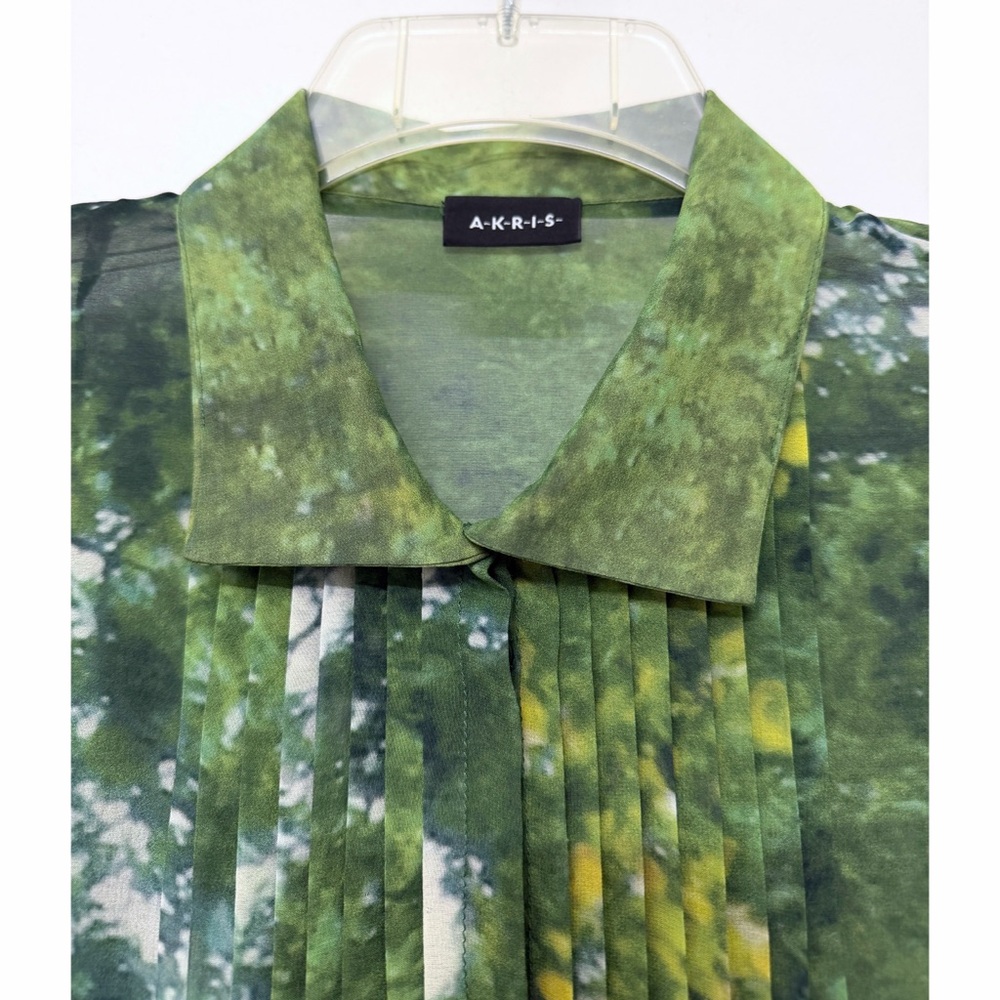 Akris Tree Forest Print Silk Chiffon Blouse Top Pleated Green Foliage Floral 8 - Picture 4 of 16